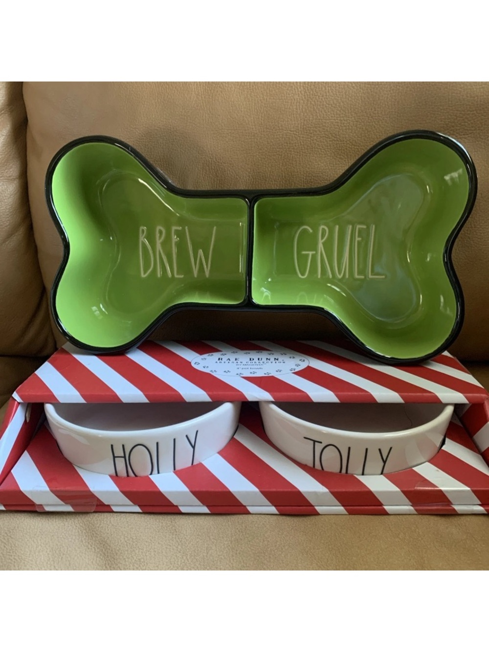 🎃🎅 Rae Dunn Halloween Christmas Dog Bowls Brew Gruel Holly Jolly Holiday Pet